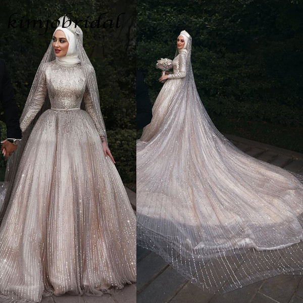 Sequins Wedding Dresses Sparkly Long Sleeve Bling Bling Ball Gown Modest Floor Length Bridal Dresses Muslim