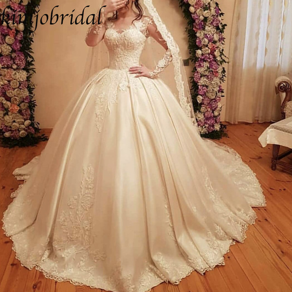 Ball Gown Wedding Dresses Sweetheart Neckline Long Transparent Sleeve Satin Court Train Bridal Dresses Gowns Arabic