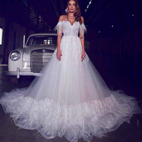 ball gown wedding dresses sweetheart neckline lace feather puffy off the shoulder bridal dresses vestidos de noiva