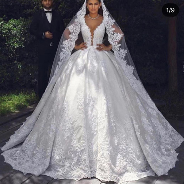 ball gown wedding dresses v neck lace appliques puffy floor length long bridal dresses vestidos de noiva