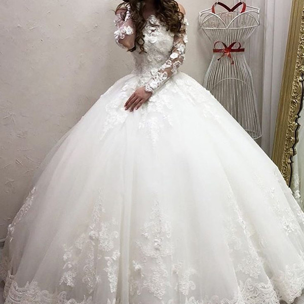 Ball Gown Wedding Dresses Long Transparent Sleeve Hand Made Flowers Puffy Floor Length Bridal Dresses Arabic