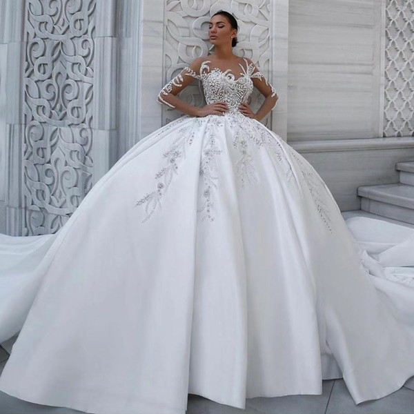 ball gown wedding dresses sheer crew neckline lace appliques pearls beading satin lace bridal dresses puffy