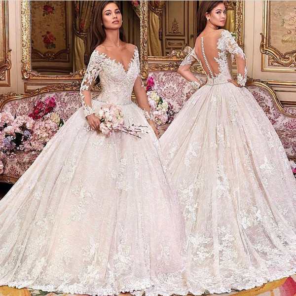 Long Sleeve Luxury Wedding Dresses 2019 Light Champagne Elegant Gorgeous Lace Applique Bridal Dress