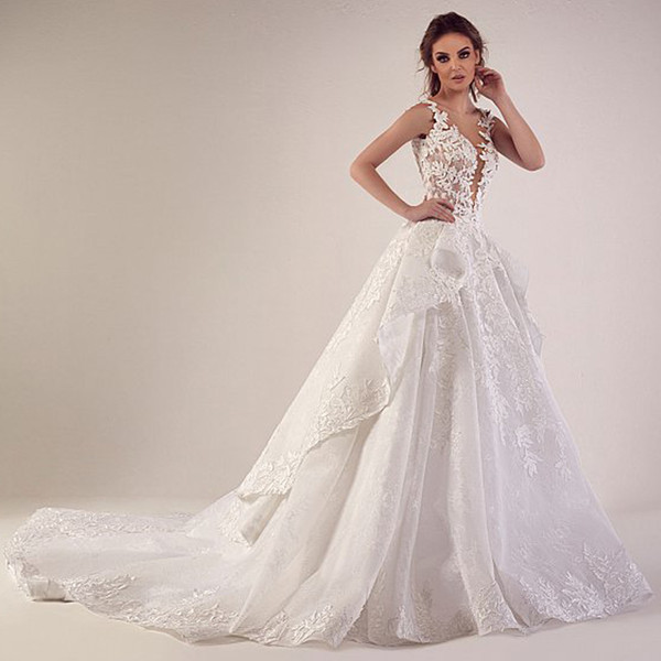 Sexy Wedding Dresses Deep V Neck Lace Appliques Ball Gown Ruffle Floor Length Bridal Dresses Gowns