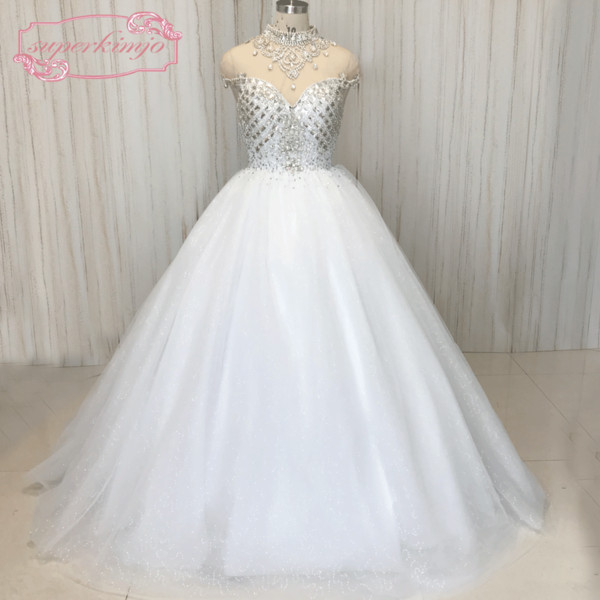 Real Picture Wedding Dresses Crystal High Neck Sparkly Beading Sequins Bling Bling Chapel Train Bridal Dresses Gowns