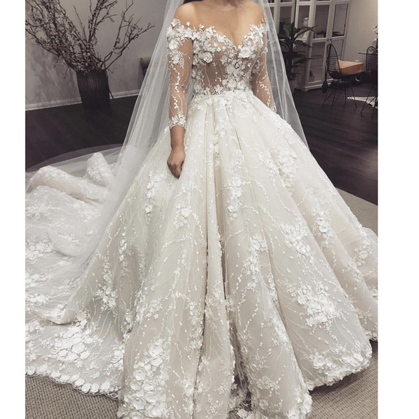 Ball Gown Wedding Dresses Lace Appliques Flowers Long Sleeve Puffy Bridal Dresses Vestidos de Noiva