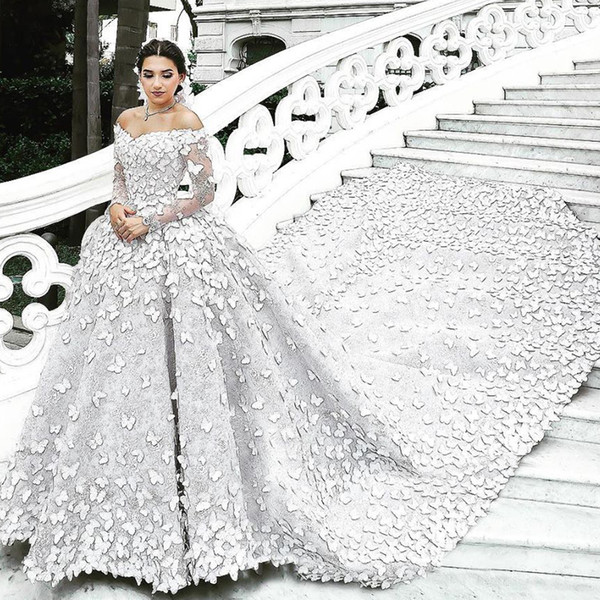 Ball Gown Wedding Dresses Long Sleeve 2019 Luxury Butterfly Lace Appliques Chapel Train Puffy Bridal Dresses Gowns