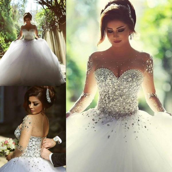 Long Sleeves Wedding Dresses with Rhinestones Crystals Major Beading Backless Ball Gown Elegant Arabric Dubai Bridal Gowns Said Mhamad