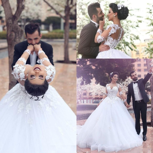 Gorgeous Middle East Arabic Wedding Dresses Ball Gown White Tulle Lace Appliques Illusion Long Sleeves Bridal Gowns New Design