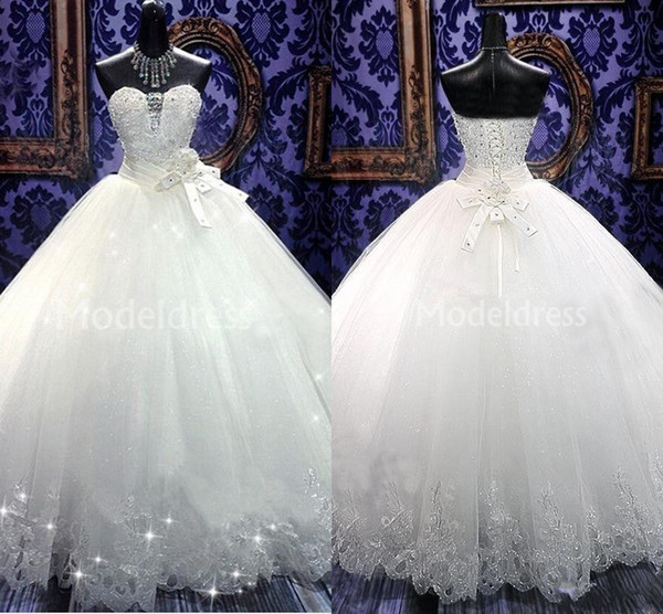 Luxury Biling Wedding Dresses Strapless Beaded Crystal Ball Gowns Floor Length New Castle Chapel Bridal Gowns Bow Charming Vestidoe De Noiva