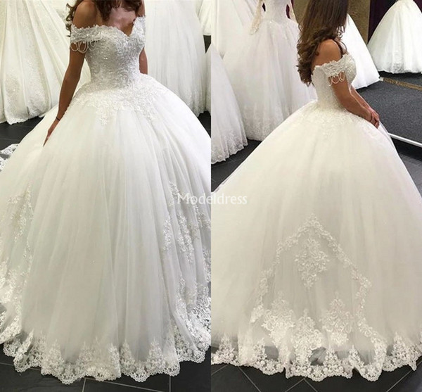 New Luxury Lace Princess Ball Gown Wedding Dresses Off Shoulder Appliques Sweep Train Plus Size Bridal Gowns Country Style Vestidoe De Noiva