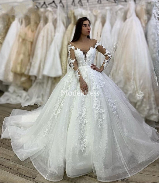 Gorgeous Lace Princess Ball Gown Wedding Dresses Illusion Long Sleeves Plus Size Church Castle Bridal Gowns Chapel Country Vestidoe De Noiva