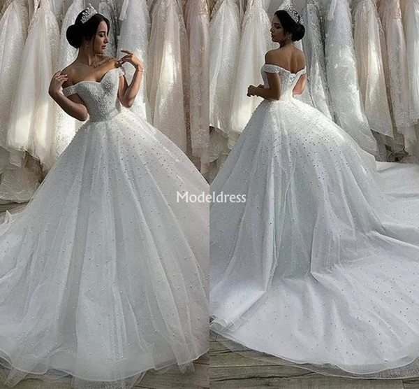 Arabric Princess Ball Gown Wedding Dresses For Bride Off Shoulder Lace Up Pearls Sweep Train Oversize Bridal Gowns Country Vestidoe De Noiva