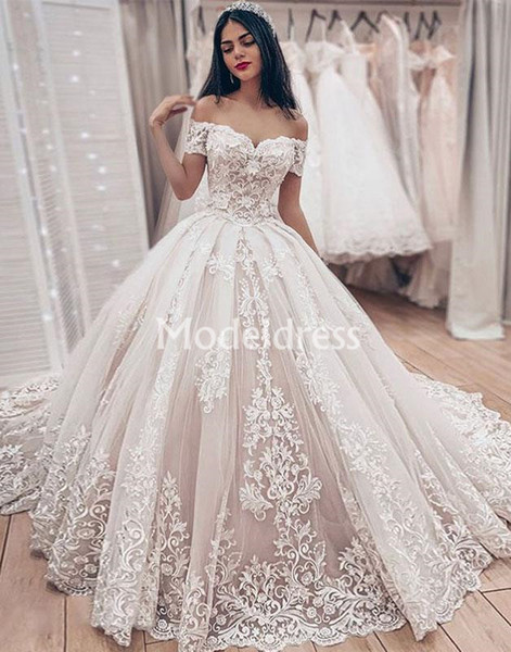 Romantic Lace Wedding Dresses Off Shoulder Ball Gown Sweep Train Castel Chapel Bridal Gowns Plus Size Charming Vestidoe De Noiva Custom