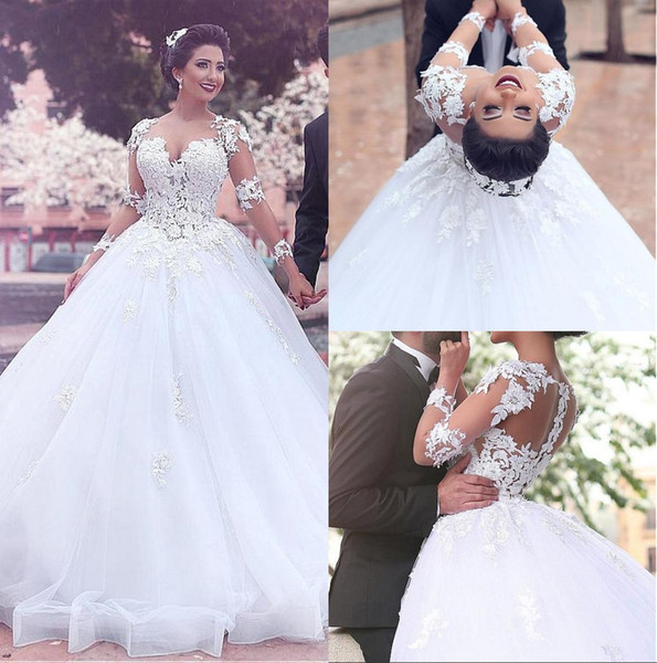 Long Sleeves Arabic Wedding Dresses Sheer Neck Appliques Ball Gown Puffy Plus Size Tulle Saudi Arabia Elegant Bridal Gowns Custom Made