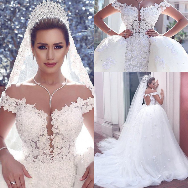 Arabic Lace Ball Gown Wedding Dresses With Detachable Skirt Off Shoulder Appliques Court Train Bridal Gowns Plus Size vestido de novia