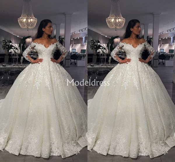 Romantic Lace Princess Ball Gown Off Shoulder Illusion Long Sleeves Sweep Train Church Castle Vestidoe De Noiva Garden Chapel Bridal Dresses