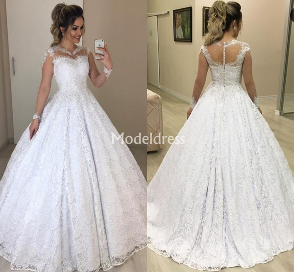 Luxury Lace Princess Ball Gown Wedding Dresses Sheer Neck Illusion Long Sleeves Beads Sweep Train Bridal Gowns Chapel Chic Vestidoe De Noiva