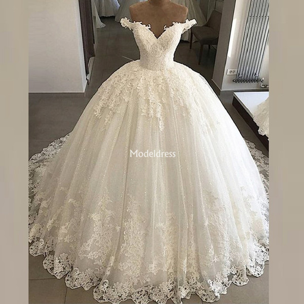 Luxury Lace Princess Ball Gown Wedding Dresses Off Shoulder Sparkly Sweep Train Country Bridal Gowns Plus Size Chic Vestidoe De Noiva Custom