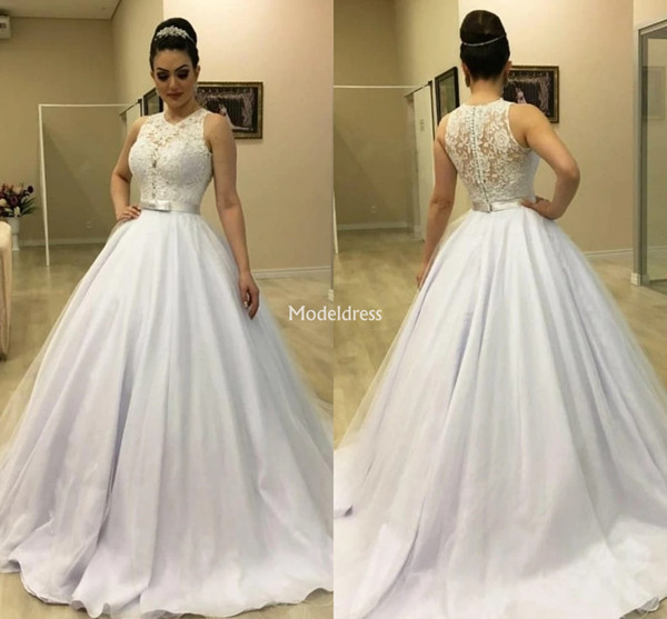 Elegant Lace Princess Ball Gown Wedding Dresses For Bride Jewel Neck Illusion Bow Sweep Train Bridal Gowns Country Style Vestidoe De Noiva