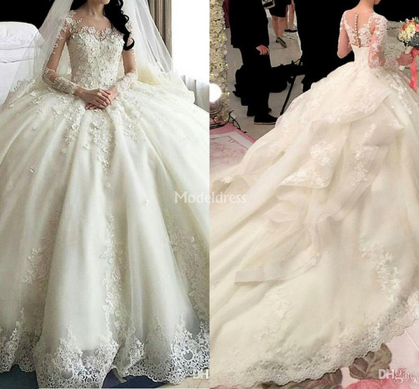 Luxury Lace Wedding Dresses Illusion Long Sleeves Tiered Court Train Castle Church Bridal Gowns Plus Size Chic Chapel Vestidoe De Noiva