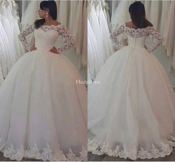 Elegant Lace Wedding Dresses Illusion Long Sleeves Ball Gowns Sweep Train Country Church Bridal Gowns Modern Castle Garden Vestidoe De Noiva