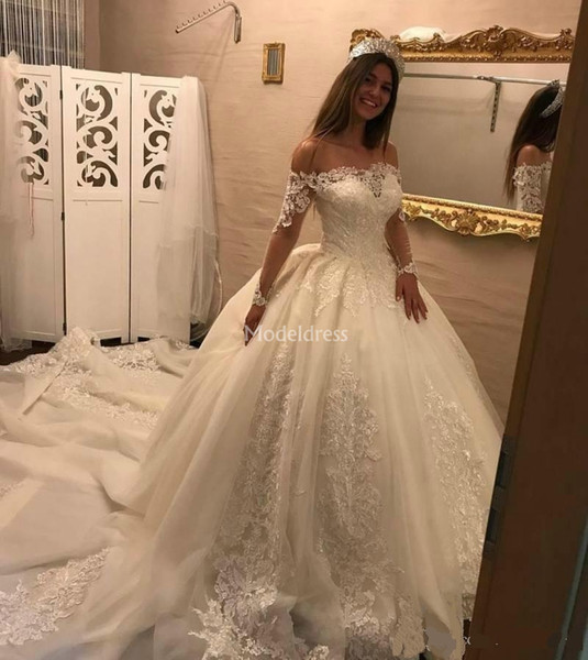 Charming Lace Wedding Dresses Off Shoulder Illusion Long Sleeves Appliques Court Train Chapel Castle Bridal Gown Plus Size Vestidoe De Noiva