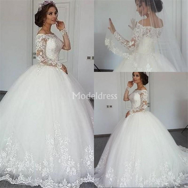 Charming Lace Wedding Dresses Illusion Long Sleeves Sweep Train Ball Gown Garden Church Vestidoe De Noiva Elegant Castle Chapel Bridal Gowns