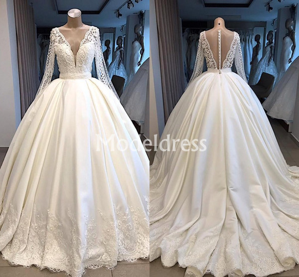 Arabric Lace Wedding Dresses Deep V-Neck Illusion Long Sleeves Pearls Ball Gown Sweep Train Chapel Bridal Gowns Plus Size Vestidos De Fiesta