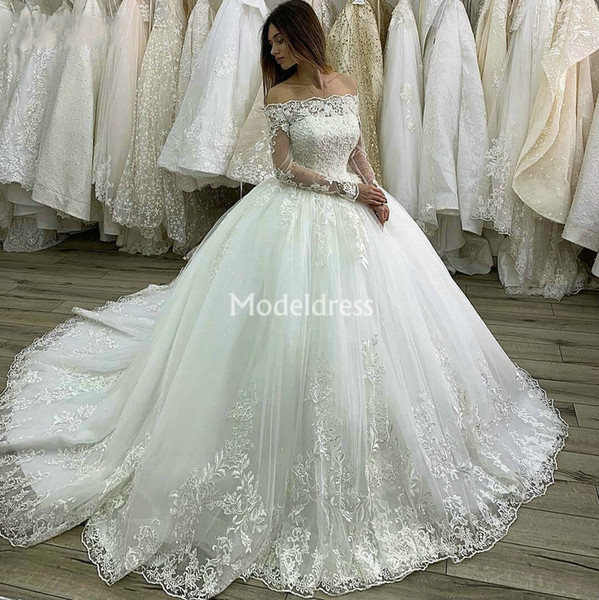 Modern Lace Princess Ball Gown Wedding Dresses Off Shoulder Illusion Long Sleeves Plus Size Church Bridal Gowns New Chapel Vestidoe De Noiva