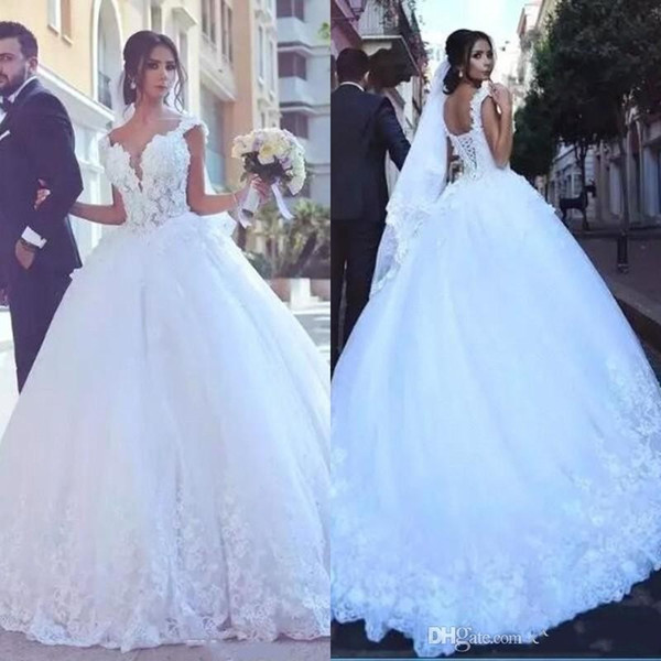 Gorgeous Lace Ball Gown Wedding Dresses Sweetheart Illusion Bodice Appliques Sweep Train Saudi Arabia Bridal Gowns Cheap Customized