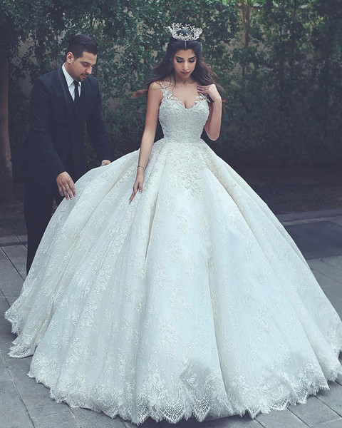 Princess Arabic Lace Wedding Dresses Spaghetti Appliques Open Back Ball Gown Court Train Elegant Bridal Gowns Plus Size Custom Made