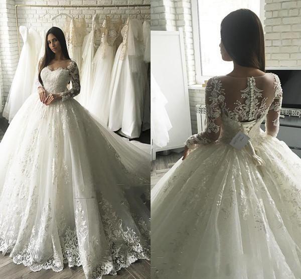 Long Sleeve Ball Gown Wedding Dresses abiti da sposa Sheer Jewel Neck Sweep Train Appliques Lace Illusion Bodice Chapel Garden Bridal Gowns