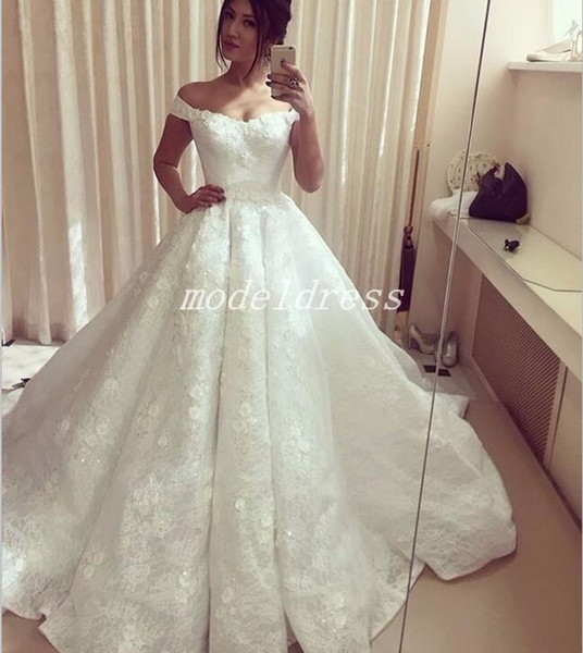 Glamorous Saudi Arabic Lace Ball Gown Wedding Dresses Off Shoulder Sweep Train Appliques Beads Chapel Garden Bridal Gowns vestido de novia