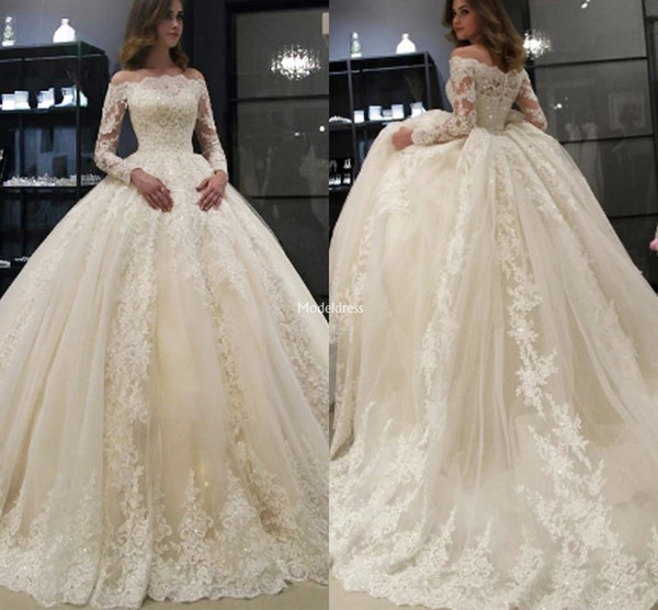 Princess Ball Gown Lace Wedding Dresses Illusion Long Sleeves Off Shoulder Appliques Sweep Train Country Bridal Gowns Vestidoe De Noiva