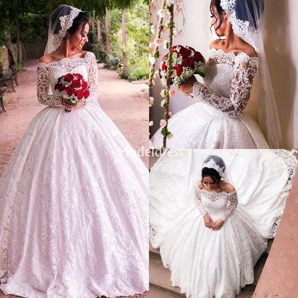 Arabric Princess Ball Gown Full Lace Wedding Dresses Off Shoulder Illusion Long Sleeves Sweep Train Bridal Gowns Overskirt Vestidoe De Noiva