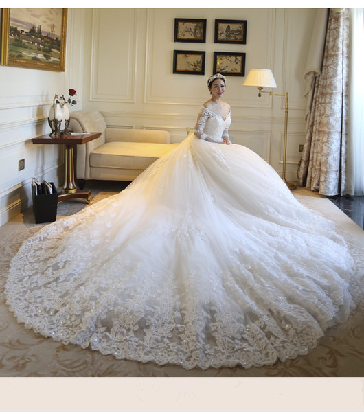 Mingli Tengda Vestido De Noiva Luxurious Lace Long Sleeves Wedding Dress 2018 Ball Gown Sequins Beading Muslim Wedding Gowns Bridal Dresses