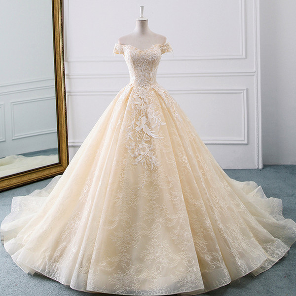 Mingli Tengda Champagne Boat Neck Vintage Wedding Dress 2018 New Lace Ball Gown Wedding Dresses Cathedral Train Sleeveless Bridal Gowns