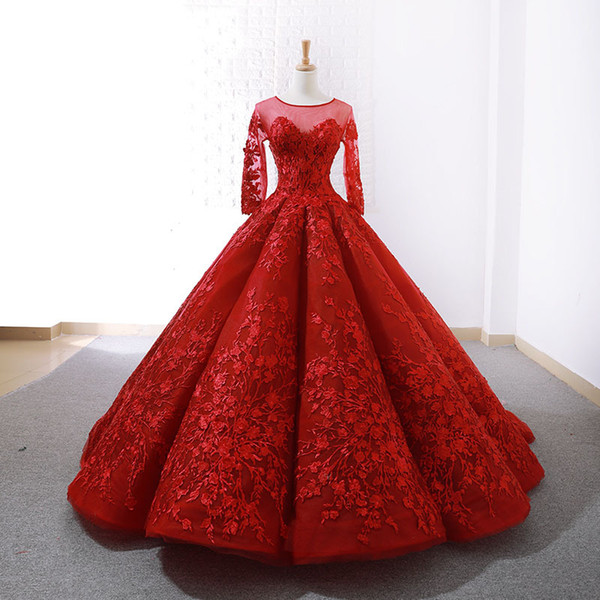 Mingli Tengda Sexy Sheer Neck Lace Ball Gown Wedding Dress 2018 New Elegant Bride Red Princess Long Sleeve Wedding Dresses robes de mariée