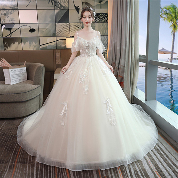 Mingli Tengda Sexy Off the Shoulder Spaghetti Wedding Dresses Short Sleeve Simple Backless Appliques Lace Ball Gown Wedding Dress