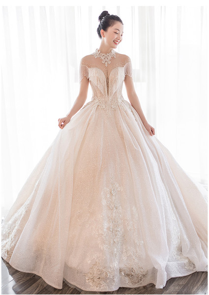 Mingli Tengda 2018 New Cathedral Train Princess Dream Sky Crystal Wedding Dress Sexy Deep V Neck Lace Beading Ball Gown Wedding Dresses