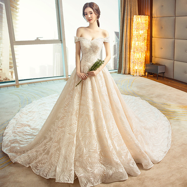 Mingli Tengda New Winter Boat Neck Ball Gown Wedding Dress Princess Dream Simple Bride Luxury Off Shoulder Plus Size Wedding Dresses