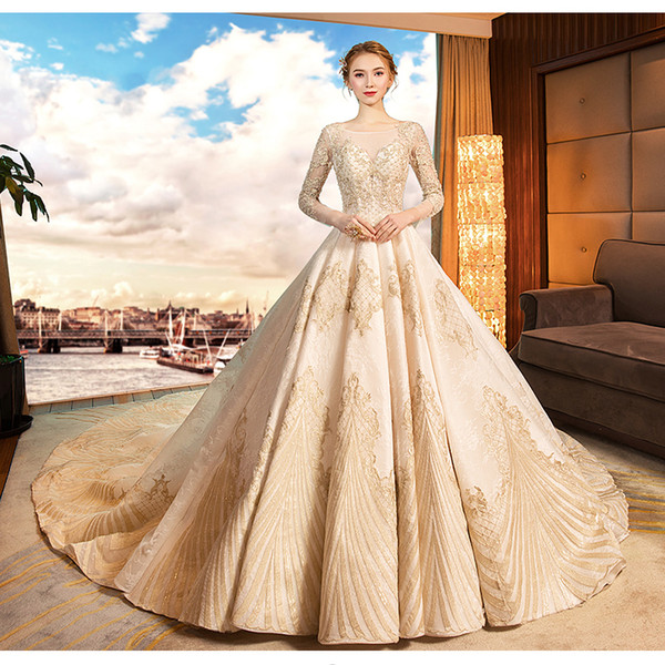 Mingli Tengda Luxury Cathedral Train Ball Gown Wedding Dresses Lace Beads Long Sleeve Dream Princess Wedding Dress vestido de novia