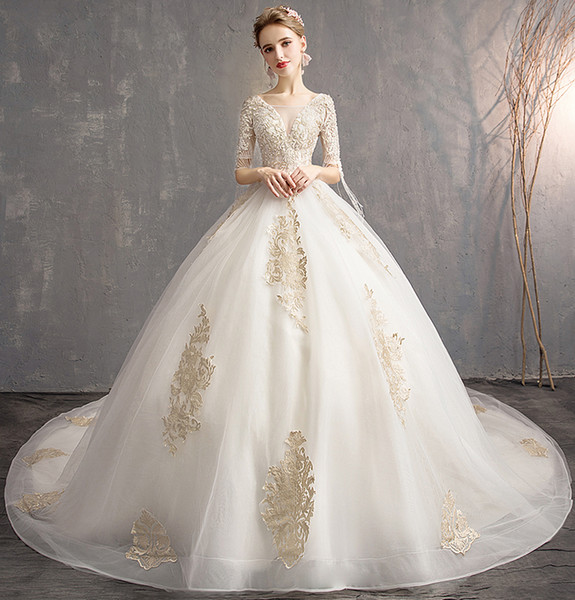 Mingli Tengda Luxury Appliques Lace Backless Wedding Dress Elegant V Neck Cathedral Train 1/2 Sleeve Wedding Dresses Vestido De Noiva 