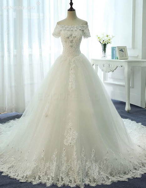 Ivory Plus Size Wedding Dresses Lace Ball Gown Bateau Neck Handmade Flower Short Sleeves Bridal Gown Casamento With Cathedral Train