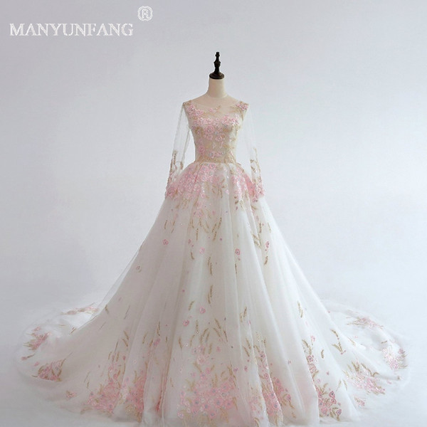 MANYUNFANG New Fashion Ball Gown Pink Gothic Wedding Dresses White Jewel Long Sleeves Lace Wedding Dress Custom Made Plus Size Bridal Gowns