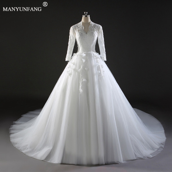 Top Sale Long Sleeves Sequinned Wedding Dress High Neck Floor Length Tulle Beads Sexy Back Custom Wedding Gowns Muslim Wedding Dresses