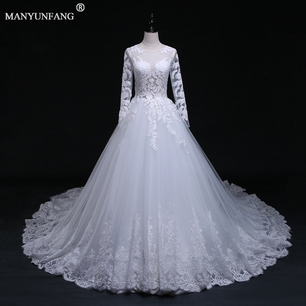 Gorgeous Lace Wedding Dresses With Long Poet Sleeves Royal Train Vestido Noiva Backless Bodice 3D Flowers Bridal Gowns