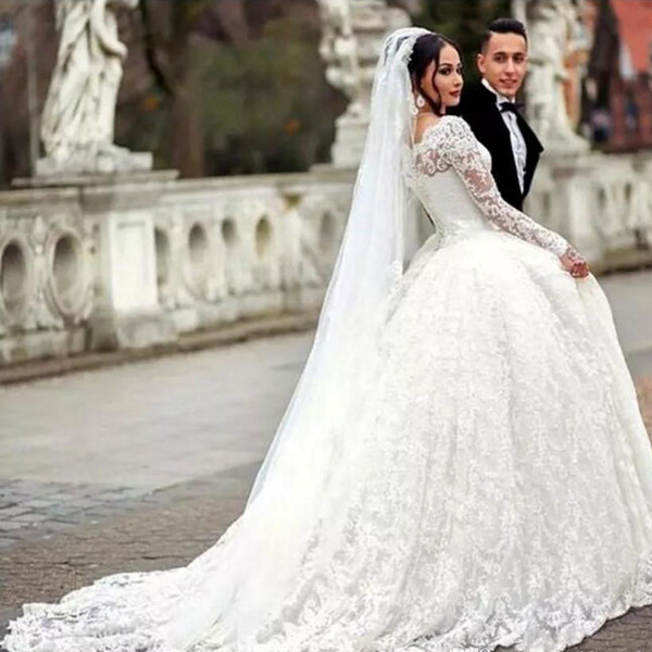 Luxury Lace Princess Ball Gown Wedding Dress With Long Sleeves Romantic Bridal Gown Vestido De Noiva Vintage