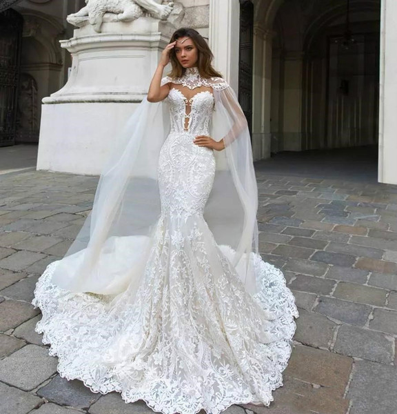 Gorgeous Mermaid Lace Wedding Dresses With Cape Sheer Plunging Neck Bohemian Wedding Gown Appliqued Plus Size